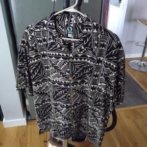 Q.U.E.MADE IN U.S.A LINEN RAYON BLEND BLACK/IVORY SHORT SLEEVE SHIRT LARGE NEW